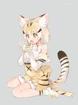  aihara_shouta animal_ears animal_print bare_shoulders blonde_hair blush bow bowtie cat_ears elbow_gloves eyebrows_visible_through_hair frog full_body gloves green_eyes grey_background highres holding kemono_friends looking_at_another open_mouth sand_cat_(kemono_friends) seiza short_hair simple_background sitting twitter_username 