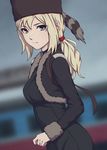  blonde_hair blue_eyes breasts cowboy_shot darker_than_black from_side fur-trimmed_sleeves fur_hat fur_trim hat highres looking_at_viewer medium_breasts miura-n315 solo tanya_(darker_than_black) 