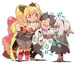  2girls anne_bonny_(fate/grand_order) black_hair blonde_hair blush breasts bright_pupils chaldea_uniform chibi cleavage coat command_spell fate/grand_order fate_(series) fujimaru_ritsuka_(male) full_body girl_sandwich hair_intakes hat jitome large_breasts long_hair looking_at_another maru_show mary_read_(fate/grand_order) multiple_girls no_pupils pirate_hat punching red_eyes sandwiched scar short_hair silver_hair smile twintails uniform 
