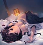  black_hair blurry breasts cleavage commentary_request depth_of_field futon hat looking_at_viewer lying medium_breasts on_back ouka_(ra-raradan) red_eyes shameimaru_aya short_hair smile solo tokin_hat touhou 