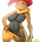  1girl breasts l1zardman looking_at_viewer pokemon red_hair scrafty solo thick_thighs topless undressing 