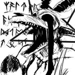  black_and_white black_eyes breasts cleavage clothed clothing demon female hladilnik horn lucy_(hladilnik) monochrome nightmare_fuel open_mouth praying scar sharp_teeth teeth zalgo 