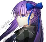  blue_eyes closed_mouth eyebrows_visible_through_hair eyes_visible_through_hair fate/extra fate/extra_ccc fate_(series) hair_ribbon limit_x long_hair meltlilith portrait purple_hair ribbon simple_background solo translation_request white_background 