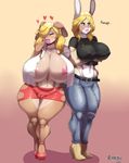  &lt;3 2017 absurd_res anthro areola big_breasts blonde_hair blue_eyes breasts bulge camel_toe clothed clothing colored_nails crossed_arms dickgirl duo eyelashes eyes_closed eyeshadow female floppy_ears footwear gradient_background hair hair_over_eye hi_res huge_breasts intersex kiss_mark lagomorph makeup mammal midriff navel nipple_bulge nipples open_mouth penis_outline plankboy rabbit shoes simple_background tongue wide_hips 