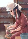  black_hair blurry blush brown_eyes clay depth_of_field fujiwara_hajime furorida head_scarf idolmaster idolmaster_cinderella_girls long_hair potters_wheel pottery profile sitting solo 