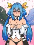  akairiot asymmetrical_wings blue_hair blush bow breasts choker dizzy guilty_gear guilty_gear_xrd highres large_breasts long_hair looking_at_viewer navel necro_(guilty_gear) red_eyes ribbon smile solo tail tail_bow tail_ribbon underboob undine_(guilty_gear) wings 