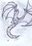  2012 ambiguous_gender dragon feral fur furred_dragon horn keltaan membranous_wings sketch solo traditional_media_(artwork) wings 