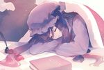  ainy77 blue_ribbon book closed_eyes commentary_request dress hair_ribbon hat hat_ribbon highres inkwell long_hair mob_cap patchouli_knowledge purple_hair quill red_ribbon ribbon sidelocks sleeping solo touhou 