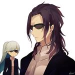  1boy 1girl black_hair breasts coat fate/prototype fate/prototype:_fragments_of_blue_and_silver fate_(series) lancer_(fate/prototype_fragments) long_hair nigel_sayward ponytail silver_hair small_breasts sunglasses 