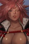  1girl baiken big_hair black_jacket black_kimono breasts cleavage face facial_tattoo guilty_gear guilty_gear_xrd highres jacket japanese_clothes kimono large_breasts long_hair looking_at_viewer multicolored multicolored_clothes multicolored_kimono one-eyed open_clothes open_kimono parted_lips pink_hair ponytail portrait red_eyes rope scar scar_across_eye soffa tattoo white_kimono 