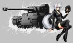 animal_ears breasts caterpillar_tracks commentary crescentia english_commentary grey_hair ground_vehicle large_breasts military military_uniform military_vehicle motor_vehicle original purple_eyes tail tank tiger_(p) uniform wolf_ears wolf_tail world_of_tanks 