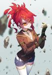  adjusting_clothes adjusting_gloves bai_yemeng black_gloves blurry blurry_background breasts brown_jacket chain cleavage collarbone earrings electricity gloves highres jacket jewelry long_sleeves medium_breasts original red_hair revision shorts solo thighhighs white_legwear 
