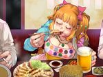  2boys alcohol bangs beer beer_mug blunt_bangs blush booth bow breasts cheek_bulge chopsticks cigarette cleavage closed_eyes commentary_request cup drinking_glass dumpling earrings eating food food_on_face hair_bow hair_ornament holding holding_cup idolmaster idolmaster_cinderella_girls indoors jewelry jiaozi large_breasts long_sleeves moroboshi_kirari multicolored multicolored_clothes multicolored_polka_dots multiple_boys necklace open_mouth orange_hair out_of_frame pendant pickle plate polka_dot polka_dot_shirt pov_across_table ring sakurai_energy shirt star star_hair_ornament table twintails 