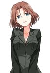  azumi_(girls_und_panzer) bangs black_jacket breasts brown_hair cleavage girls_und_panzer head_tilt jacket long_sleeves looking_at_viewer medium_breasts military military_uniform no_shirt parted_bangs parted_lips selection_university_military_uniform short_hair simple_background solo standing umekichi uniform upper_body white_background 