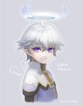  angel character_name halo highres looking_at_viewer luke_venus male_focus mini_wings pointy_ears pop-up_story purple_eyes silver_hair smile solo st._feles_gakuen_uniform twitter_username umino_kiri wings 