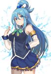  aqua_(konosuba) arm_behind_back blue_hair blue_shirt blue_skirt blush breasts detached_sleeves eyebrows_visible_through_hair from_side hair_between_eyes hair_rings head_tilt highres kichannico kono_subarashii_sekai_ni_shukufuku_wo! long_hair long_sleeves looking_at_viewer medium_breasts puckered_lips shirt skirt sleeveless sleeveless_shirt solo very_long_hair water white_background 