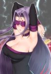  armpits arms_behind_head black_dress blindfold blush breasts choker cleavage crossed_arms detached_sleeves dress electricity facial_mark facing_viewer fate/stay_night fate_(series) food forehead_mark fork highres kitajima_yuuki large_breasts long_hair parted_lips purple_choker purple_hair rider sleeveless sleeveless_dress very_long_hair 
