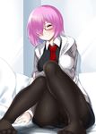  ^_^ bad_id bad_pixiv_id black-framed_eyewear black_legwear blush breasts closed_eyes closed_mouth commentary_request eyebrows_visible_through_hair fate/grand_order fate_(series) glasses hair_over_one_eye highres hitotsuki_nebura jacket knees_up large_breasts long_sleeves looking_at_viewer mash_kyrielight necktie open_clothes open_jacket panties panties_under_pantyhose pantyhose pink_hair red_neckwear short_hair sitting smile solo thighband_pantyhose underwear 