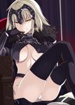  ahoge armor armored_dress black_gloves black_legwear breasts capelet chair curtains elbow_gloves fate/grand_order fate_(series) gauntlets gloves headpiece highres jeanne_d'arc_(alter)_(fate) jeanne_d'arc_(fate)_(all) looking_at_viewer medium_breasts oota_yuuichi panties parted_lips ribbon sitting slit_pupils solo striped striped_ribbon thighhighs thighs underboob underwear white_panties yellow_eyes 