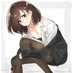  black_legwear breasts brown_eyes brown_hair cleavage isshiki_(ffmania7) long_sleeves looking_at_viewer medium_breasts original pantyhose shirt short_hair smile solo white_shirt 