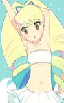  :o arms_up artist_name bandeau blonde_hair blush breasts collarbone drill_hair flat_chest long_hair miyata_(lhr) navel open_mouth pleated_skirt rockman ryuusei_no_rockman shirogane_luna skirt solo strapless stretch twintails upper_body yellow_eyes 