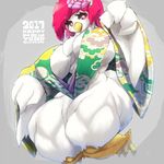  2017 anthro avian big_breasts bird blush breasts clothing female japanese_clothing kimono muscular nipple_bulge solo thick_thighs unp 