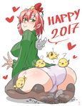  2017 :&gt; ass bird black_legwear breasts chick covered_nipples feet green_eyes green_sweater hair_between_eyes happy_new_year heart highres impossible_clothes impossible_sweater kawa-v large_breasts looking_at_viewer looking_back new_year original panties red_hair ribbed_sweater seiza short_hair sitting solo sweater thighhighs underwear waving white_panties wings 