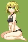 bangs bare_shoulders barefoot between_legs blonde_hair breasts covered_nipples criss-cross_halter full_body green_background green_eyes hair_between_eyes halter_top halterneck hand_between_legs medium_breasts minamura_haruki mizuhashi_parsee pointy_ears simple_background sitting solo touhou v_arms wariza 