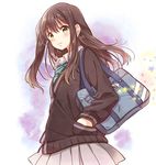  bag blush brown_hair cardigan earrings green_eyes idolmaster idolmaster_cinderella_girls jewelry long_hair looking_at_viewer necktie school_uniform shibuya_rin shiro_usagi_(huwa-huwa-flower) shoulder_bag solo star 