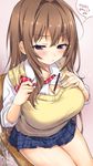  2016 bangs between_breasts blue_eyes bow bowtie breasts brown_hair cardigan chair cleavage closed_mouth commentary_request dated eyebrows_visible_through_hair food from_above hair_between_eyes hair_intakes hair_over_breasts large_breasts legs_together long_hair miniskirt mutyakai open_clothes open_shirt original plaid plaid_skirt pleated_skirt pocky pocky_day school_uniform shirt sidelocks sitting skirt sleeves_past_wrists sleeves_rolled_up solo very_long_hair 