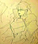  armor arthur_pendragon_(fate) artoria_pendragon_(all) artoria_pendragon_(lancer) cape ebippoid fate/grand_order fate/prototype fate_(series) genderswap genderswap_(ftm) graphite_(medium) lance looking_at_viewer male_focus open_mouth polearm rhongomyniad solo traditional_media upper_body weapon 