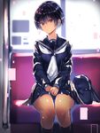  bag black_hair black_serafuku blurry bob_cut brown_eyes cafe_au_lait_(kafeore) commentary_request dark_skin depth_of_field highres looking_at_viewer original school_uniform serafuku short_hair sitting solo train_interior 