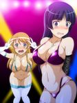  2girls areolae arms_behind_back arms_up bent_over bikini bikini_top blonde_hair blue_eyes blush bottomless bra breasts clavicle cleavage cowboy_shot double_v elbow_gloves embarrassed erect_nipples erect_nipples_under_clothes gloves gokou_ruri hair_ornament hairclip jewelry kousaka_kirino large_breasts leaning_forward light-skinned light-skinned_female long_hair looking_at_viewer midriff multiple_girls navel nipples open_mouth ore_no_imouto_ga_konna_ni_kawaii_wake_ga_nai panties pose purple_eyes purple_hair pussy revealing_clothes smile stomach suzumori_kuroku sweat swimsuit tears thighhighs thighs underwear v wavy_mouth 
