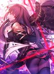  ass bangs bodysuit breasts covered_nipples dual_wielding fate/grand_order fate_(series) from_behind gae_bolg hair_intakes highres holding holding_weapon light_smile long_hair looking_at_viewer looking_back medium_breasts parted_lips pauldrons petals polearm purple_bodysuit purple_hair red_eyes scathach_(fate)_(all) scathach_(fate/grand_order) shinooji solo spear veil very_long_hair weapon 