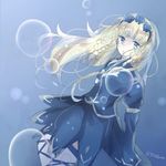  1girl blonde_hair blue_background blue_eyes braid dress flower hair_ornament long_hair looking_at_viewer open_mouth rose shirley_fennes solo tales_of_(series) tales_of_legendia 