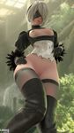  1girl 3d areolae artist_name black_hairband black_legwear blindfold breast_cutout breasts breasts_outside feather-trimmed_sleeves gloves hairband likkezg mole mole_under_mouth nier_(series) nier_automata nipples short_hair silver_hair small_breasts smile solo standing thigh_boots thighhighs web_address yorha_no._2_type_b 