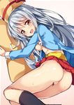  :d ass bar_censor blush breasts censored eyebrows_visible_through_hair hat highres legs long_hair looking_at_viewer lying mascot medium_breasts nipples open_mouth pussy red_eyes red_skirt silver_hair skirt smile socks solo umami-chan unacchi_(nyusankin) yaokin 