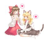  :d ^_^ animal_ears apron black_skirt black_vest blonde_hair blush bow bowtie braid brown_hair cat_ears cat_tail closed_eyes d: detached_sleeves drooling frilled_apron frilled_legwear frilled_skirt frills hair_bow hair_ribbon hair_tubes hakurei_reimu hands_clasped heart highres kemonomimi_mode kirisame_marisa kneeling long_sleeves looking_at_viewer multiple_girls no_hat no_headwear no_shoes open_mouth own_hands_together pink_bow pink_neckwear red_bow red_skirt ribbon side_braid single_braid sitting skirt smile spoken_heart spoken_squiggle squiggle tail touhou tress_ribbon v-shaped_eyebrows vest waist_apron wariza wavy_hair white_apron white_background white_legwear wide_sleeves yellow_eyes yellow_neckwear yurigaoka_nayuki 