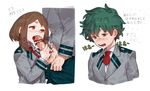  1girl bar_censor blush blush_stickers boku_no_hero_academia brown_eyes brown_hair censored clothed_sex erection fellatio green_eyes green_hair half-closed_eyes handjob heart hetero highres licking licking_penis m_(mhws) midoriya_izuku open_mouth oral pants_down penis penis_grab pointless_censoring school_uniform simple_background sweat teeth testicles text_focus tongue translated u.a._school_uniform uraraka_ochako white_background 