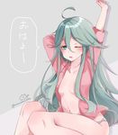  ahoge arm_behind_head breasts commentary_request green_eyes green_hair grey_background hair_between_eyes kantai_collection long_hair no_bra nonkomu_(furiten5553) one_eye_closed open_clothes open_mouth open_shirt panties pink_shirt shirt small_breasts solo stretch translated twitter_username underwear white_panties yamakaze_(kantai_collection) 