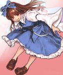  :d arm_garter bangs black_ribbon blue_bow blue_dress blunt_bangs blush bow brown_eyes brown_hair dress full_body gengoroumaru_(ambidextrous) hair_bow highres juliet_sleeves loafers long_hair long_sleeves looking_away neck_ribbon open_mouth puffy_sleeves ribbon shoes smile solo star_sapphire touhou twitter_username wide_sleeves 