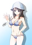  bikini black_eyes black_hair breasts cleavage cowboy_shot engo_(aquawatery) girls_und_panzer gradient gradient_background grey_bikini groin hat long_hair lowleg lowleg_bikini medium_breasts mika_(girls_und_panzer) navel signature solo swimsuit waving 