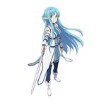  asuna_(sao) asuna_(sao-alo) blue_eyes blue_hair blue_legwear boots detached_sleeves dress floating_hair from_above full_body holding holding_sword holding_weapon long_hair looking_at_viewer official_art pleated_dress pointy_ears simple_background smile solo standing sword sword_art_online sword_art_online:_code_register thighhighs very_long_hair weapon white_background white_footwear zettai_ryouiki 