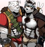  abs anthro bearlovestiger13 bulge canine clothing duo feline grimoire_of_zero horkeukamui male mammal mercenary_(character) one_eye_closed tiger tokyo_afterschool_summoners underwear wink wolf 