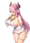  bare_shoulders blue_eyes blush braid breasts cosplay covered_nipples draph dress granblue_fantasy hair_ornament hair_over_one_eye highres horns huge_breasts long_hair looking_at_viewer lyria_(granblue_fantasy) lyria_(granblue_fantasy)_(cosplay) narmaya_(granblue_fantasy) no_bra no_panties open_mouth pink_hair pointy_ears pubic_hair pussy sayika sideboob simple_background single_braid solo strapless strapless_dress uncensored undersized_clothes white_background white_dress 