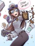  alternate_costume animal_print artist_name aviator_sunglasses bangs belt blue_background blue_shirt brand_name_imitation breast_pocket breasts brown_hair bunny_print coffee coffee_cup collared_shirt cowboy_shot crumbs cup d.va_(overwatch) disposable_cup doughnut english facepaint facial_mark female_service_cap finger_on_trigger food food_on_face from_side frown glasses gloves gradient gradient_background gun handgun hat holding holding_gun holding_weapon long_hair long_sleeves looking_at_viewer looking_to_the_side mike_nesbitt necktie officer_d.va opaque_glasses open_mouth overwatch pants pinky_out pistol pocket police police_badge police_uniform policewoman shirt signature small_breasts solo speech_bubble spilling starbucks striped striped_neckwear sunglasses swept_bangs uniform weapon whisker_markings white_background white_gloves 