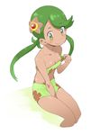  :&gt; bangs bare_arms bare_legs bare_shoulders between_legs bikini blush bra bra_pull breasts cleavage closed_mouth commentary_request cropped_legs dark_skin eyebrows_visible_through_hair floral_print gen_1_pokemon green_bikini green_eyes green_hair hair_ornament hand_between_legs legs legs_together long_hair mao_(pokemon) navel ookamiuo pokemon pokemon_(anime) pokemon_(creature) pokemon_sm_(anime) simple_background sitting small_breasts smile solo staryu stomach strapless swept_bangs swimsuit trial_captain tubetop twintails underwear white_background 