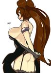  absurdres armlet artist_request ass blush breasts brown_eyes brown_hair choker double_bun dress dress_tug dungeon_and_fighter fighter_(dungeon_and_fighter) garter_belt grey_legwear highres large_breasts long_hair looking_back nen_master_(dungeon_and_fighter) open_mouth simple_background solo thighhighs twintails white_background 