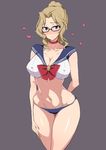  alternate_hairstyle arm_behind_head bespectacled bishoujo_senshi_sailor_moon black-framed_eyewear blonde_hair blue_eyes blue_panties blue_sailor_collar blush bow bra breasts choker cleavage closed_mouth cosplay cowboy_shot girls_und_panzer glasses grey_background hair_intakes hair_up heart highres kay_(girls_und_panzer) large_breasts looking_at_viewer mordeth navel panties red_bow sailor_collar sailor_moon sailor_moon_(cosplay) sailor_moon_narikiri_bra_set sailor_senshi_uniform scrunchie short_hair short_ponytail simple_background smile solo standing stomach underwear underwear_only white_bra 
