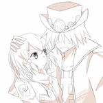  1boy 1girl coat dezel_(tales) frills hair_ornament hair_over_eyes hair_tubes hat hood jacket monochrome open_mouth rose_(tales) scarf short_hair tales_of_(series) tales_of_zestiria 